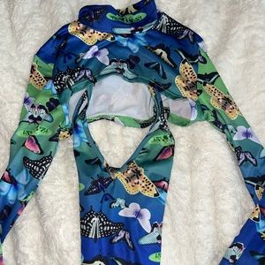 green and blue butterfly long
sleeve cropped shirt with body suit top
co-ord